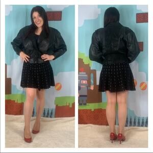Vintage 80s rock glam black genuine leather jacket, med